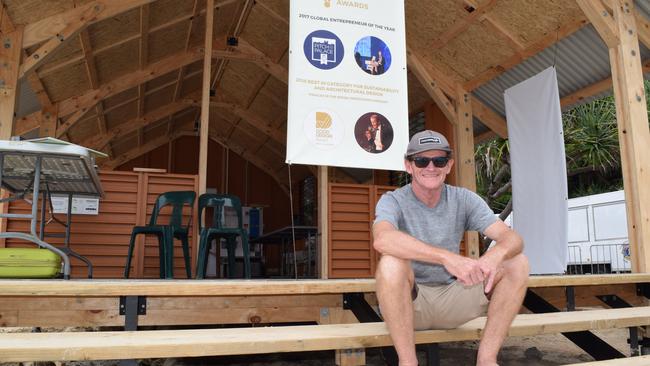 Surfer and entrepreneur Nev Hyman with the NevHouse, a building made from recycled plastics.