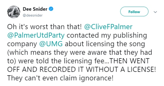 Tweet from Twisted Sister lead singer Dee Snider about Clive Palmer seeking licence before using a song without permissionon a TV ad.