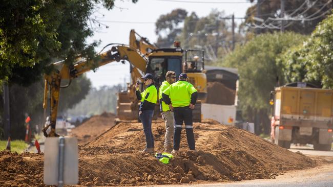 Workers in Echuca race to build the levee. Picture: Jason Edwards