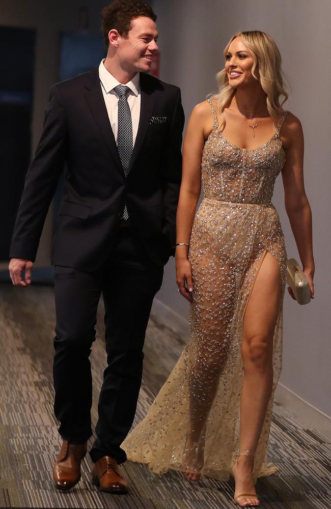 Lachie and Julie Neale arrive for the Brownlow event at the Gabba. Picture: Michael Klein