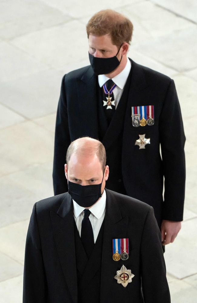 Britain's Prince William, Duke of Cambridge, and Britain's Prince Harry, Duke of Sussex, arrive for the funeral service of Britain's Prince Philip, Duke of Edinburgh inside St George's Chapel in Windsor Castle. Picture: Getty