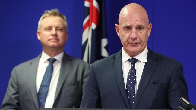 Deputy Premier Jeremy Rockliff alongside Premier Peter Gutwein as he announced the election – and pointed the finger at Ms Hickey’s departure from the Liberal party. Picture: Zak Simmonds