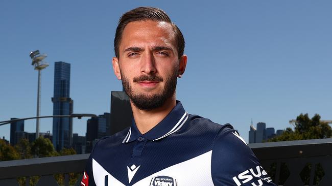 MELBOURNE, AUSTRALIA - FEBRUARY 20: Reno Piscopo of the Victory poses during a Melbourne A-League Derby Media Opportunity at AAMI Park on February 20, 2025 in Melbourne, Australia. (Photo by Morgan Hancock/Getty Images)