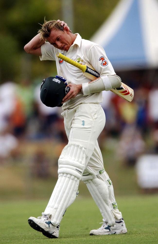 Brett Lee departs the field after being run out for 23 in Australia’s first innings. Picture: AAP Image/Dean Lewins