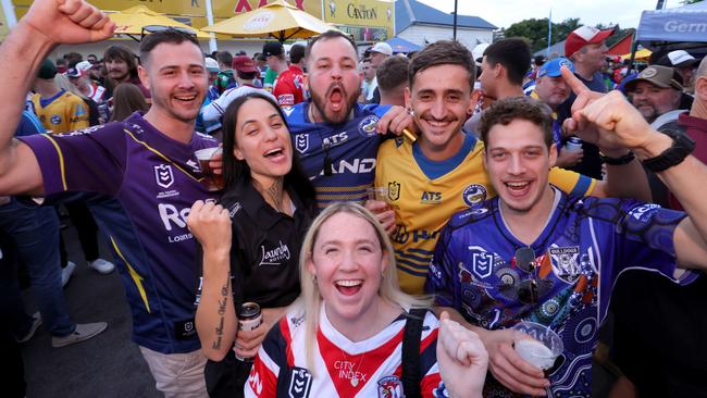 (L-R) Tyson Murray, Kiarn Moeke, Zac Hayward Jess Clarke (front), Jacob Andrews, Carmine Barone, in the carpark bar at Caxton Hotel. Picture: Steve Pohlner