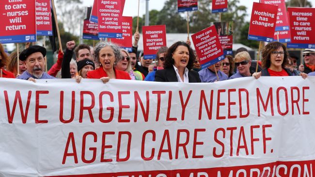 Aged care workers are set to protest on Tuesday afternoon in Queensland and Western Australia. Pictured is protests in South Australia last week. Picture: Alison Wynd