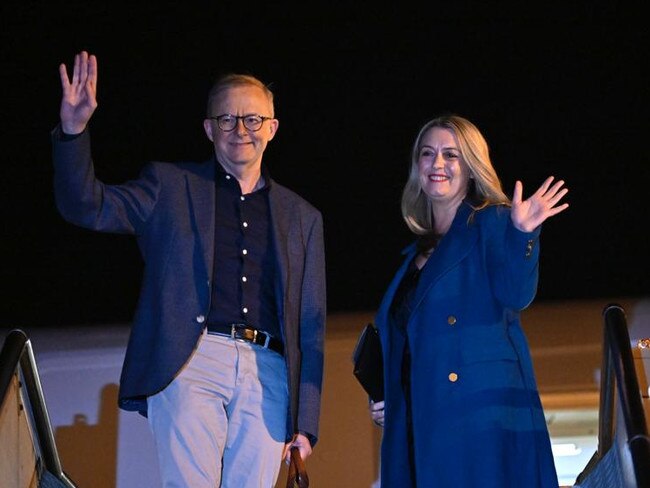 Australian Prime Minister Anthony Albanese and partner Jodie Haydon board the plane to Europe. Picture: Prime Minister's Office