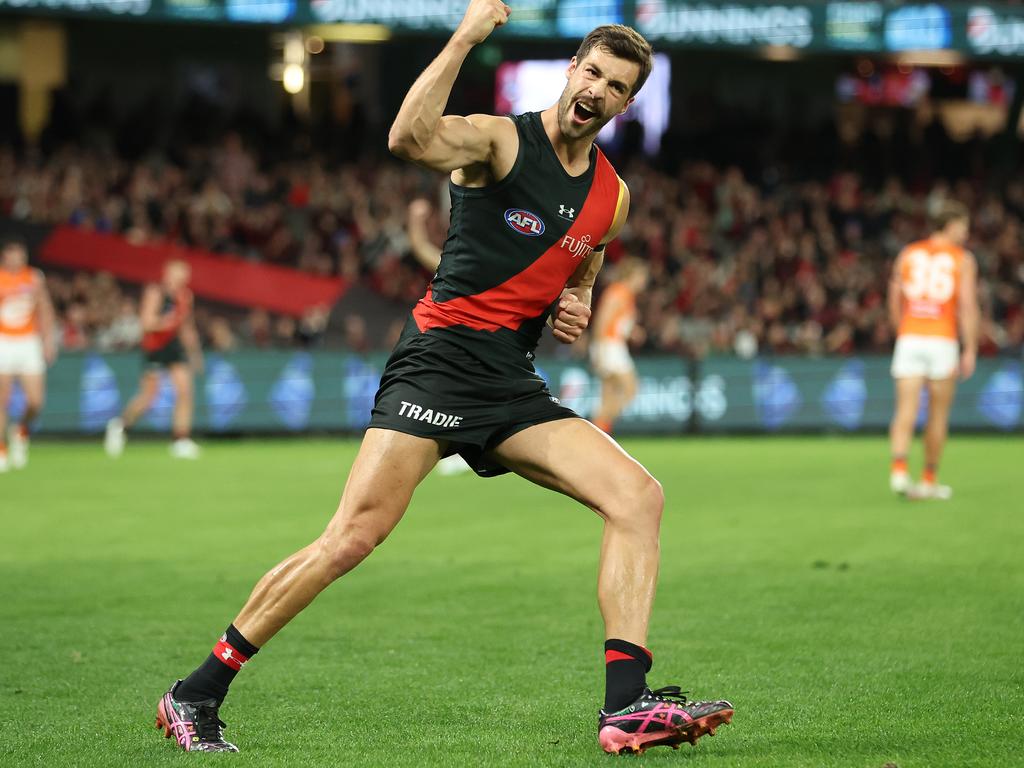 MELBOURNE, AUSTRALIA - MAY 11: Kyle Langford of the Bombers celebrates after scoring a goal during the round nine AFL match between Essendon Bombers and Greater Western Sydney Giants at Marvel Stadium, on May 11, 2024, in Melbourne, Australia. (Photo by Robert Cianflone/Getty Images)