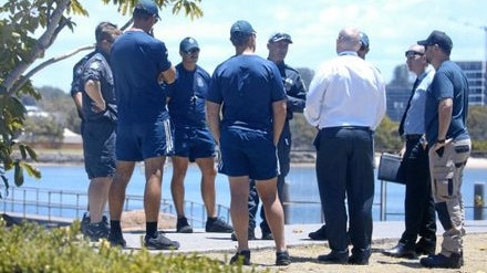 NSW and QLD police detectives at Jack Evans Boat Harbour in Tweed Heads. Picture: Scott Powick