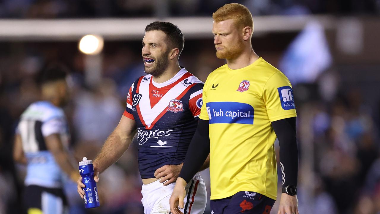 It all looked over for the Roosters when James Tedesco was sin-binned in the 52nd minute. But the Roosters produced their gutsiest performance of the season. Picture: Getty Images.