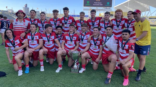 The victorious Palm Beach Currumbin side with the Phil Hall Cup trophy after defeating St Patrick's College. Picture: Matthew Elkerton