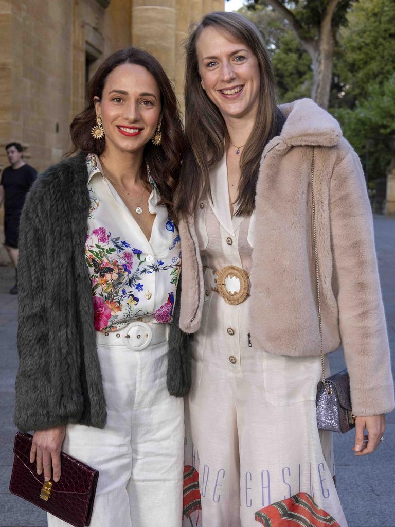 Samara Archibald and Crystal Pappageorgiou at the Adelaide Art Gallery, Adelaide Fashion Week. Picture: Kelly Barnes