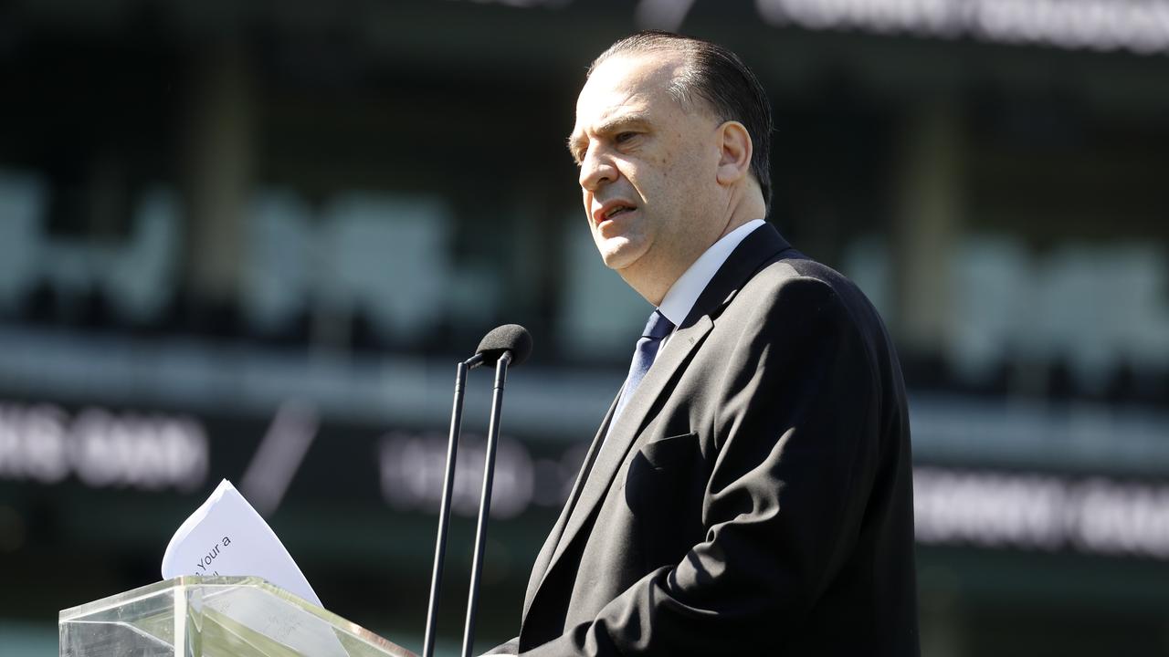 Peter V'landys speaking at the memorial service for iconic Kangaroos player Tommy Raudonikis at the Sydney Cricket Ground. Picture: Jonathan Ng