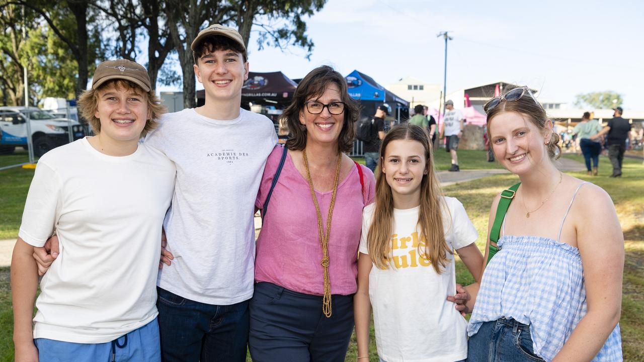 At Meatstock are (from left) Archie Hart, Max Hart, Kate Hart, Tilly Hart and Laura Charles at Toowoomba Showgrounds, Friday, April 8, 2022. Picture: Kevin Farmer