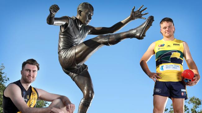 2020 Ken Farmer Medal medallists Liam McBean (Glenelg) and James Rowe (Eagles) together at the Ken Farmer statue at Adelaide Oval. Picture: Dean Martin