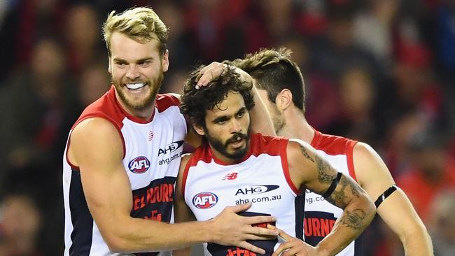 Jack Watts is all smiles after Jeff Garlett’s goal. Picture: Getty ImagesImages)