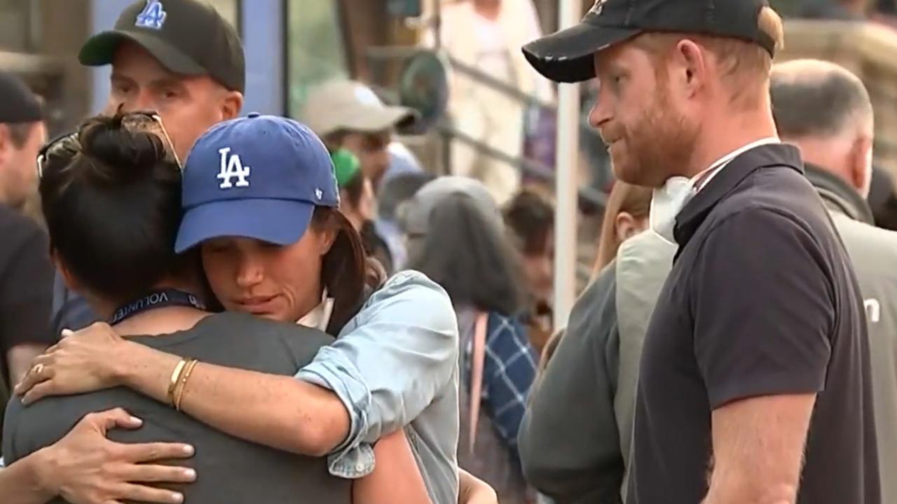 Meghan Markle and Prince Harry meet victims of the Los Angeles fires. Picture: CBS