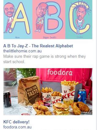 These targeted ads are fine. I’m totally into fried chicken and hip hop education for children. Picture: Facebook