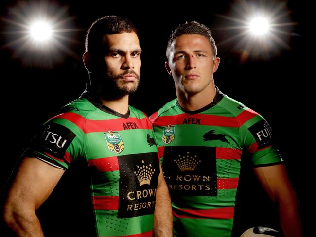 Will Greg Inglis (L) or Sam Burgess (R) skipper the South Sydney Rabbitohs in 2016? Picture: Gregg Porteous