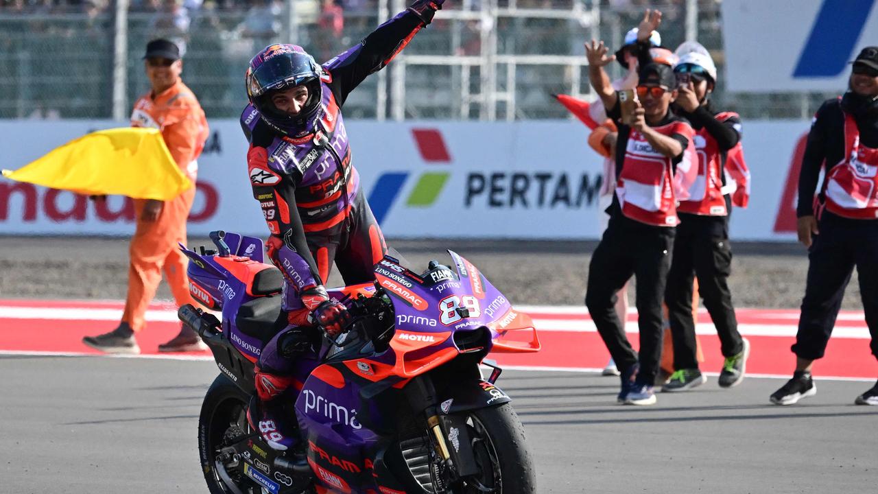 First-placed Prima Pramac Racing's Spanish rider Jorge Martin celebrates after winning the MotoGP race of the Indonesian Grand Prix at the Mandalika International Circuit in Mandalika, West Nusa Tenggara on September 29, 2024. (Photo by BAY ISMOYO / AFP)