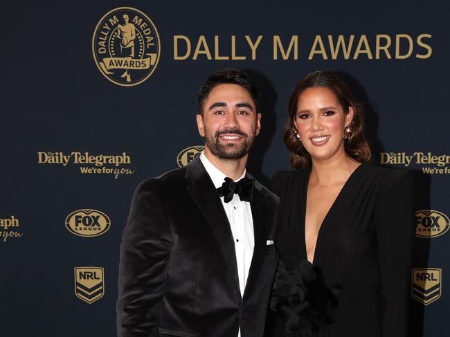 Shaun Johnson of the Warriors and wife Kayla Johnson. Picture: Getty Images.