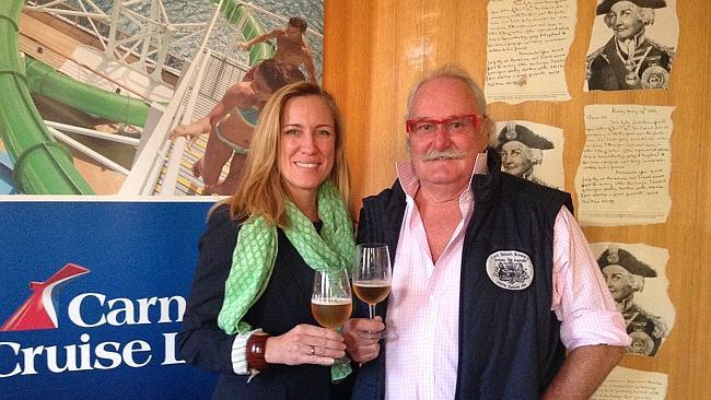 Carnival Cruise Lines’ Australian vice president Jennifer Vandekreeke and Lord Nelson Brewery Hotel owner Blair Hayden toast the new Thirsty Frog Summer Ale.