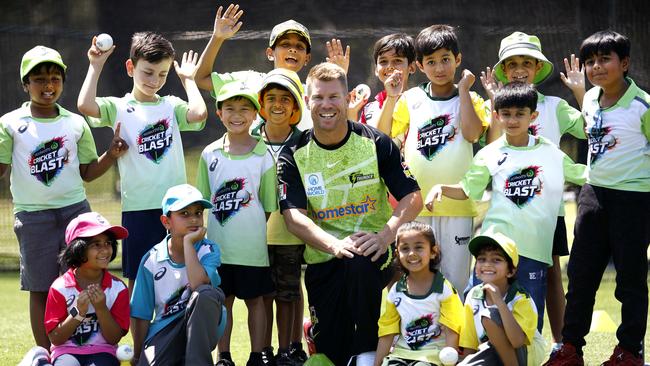 Sydney Thunder captain David Warner with Woolworths Cricket Blast kids earlier this month. Picture: Phil Hillyard