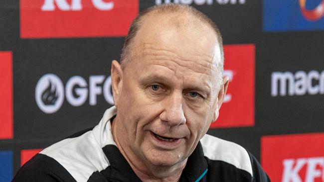 ADELAIDE, AUSTRALIA - SEPTEMBER 18: Port Adelaide Power coach Ken Hinkley speaks to the media during a media opportunity at Alberton Oval on September 18, 2024 in Adelaide, Australia. (Photo by Mark Brake/Getty Images)