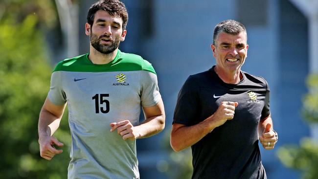 Socceroos training at Olympic Park, Mile Jedinak just jogged a few laps. Melbourne. 3rd January 2015. Picture: Colleen Petch.