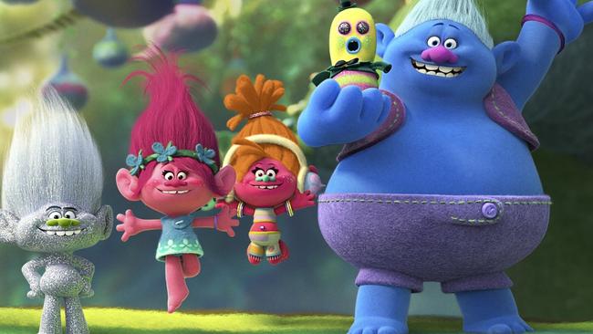 Princess Poppy (Anna Kendrick) and her mates in a scene from DreamWorks Trolls.