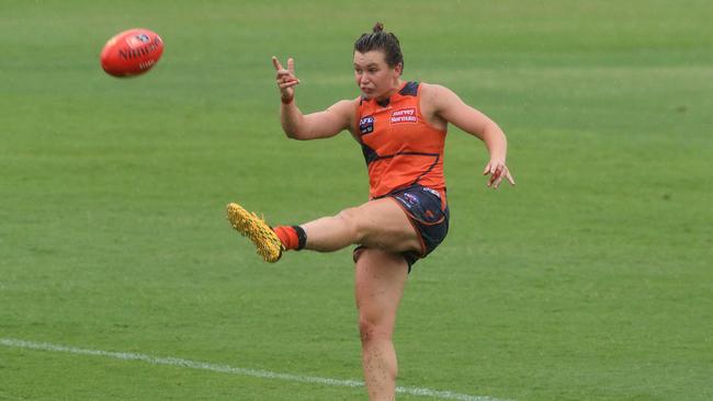 Alyce Parker of the Giants kicks the ball during the round one AFLW match between the Greater Western Sydney Giants and the Gold Coast Suns at Blacktown International Sportspark on February 08, 2020 in Sydney, Australia. (Photo by Mark Evans/Getty Images)