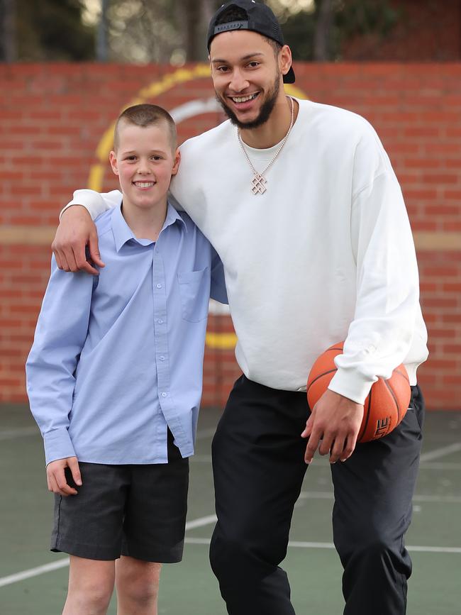 Ben Simmons, 12, surprised Charlie Sweet in his classroom for the Make-A-Wish Foundation. Picture: Alex Coppel