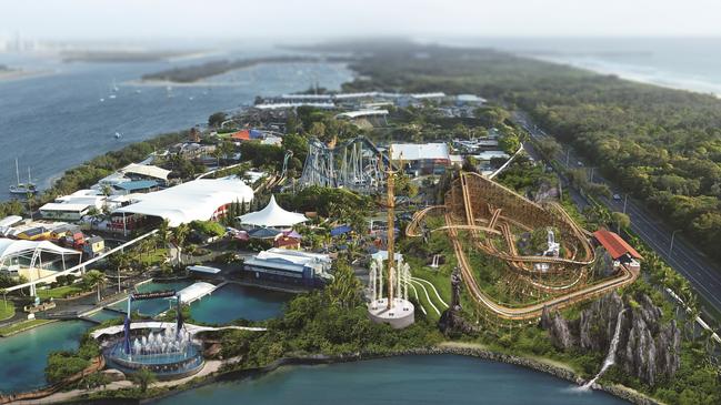 From left, is three new thrill rides The Vortex (blue), the Trident (gold tall thing) and the Leviathan wooden roller coaster with world-first pair of backwards seats at rear.