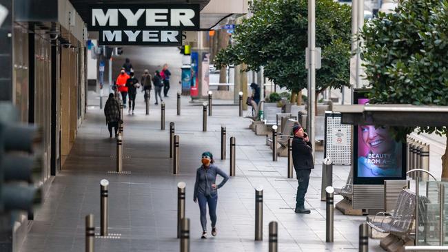 Few pedestrians are seen in Bourke Street Mall during Melbourne's fifth lockdown. Picture: NCA NewsWire / Sarah Matray