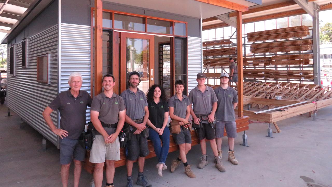 Eco Cottages Greg Phipps with his band of willing workers: Chris Blair production manager, Phillipe Saquet third year mature age carpentry adult apprentice, Georgie Brachold designer, Nic Morris second year carpentry mature age carpentry apprentice, Kolby Vemeulen first year carpentry apprentice from NDSHS and Kayne Gill third year cabinet maker apprentice just completed apprenticeship from NDSHS.