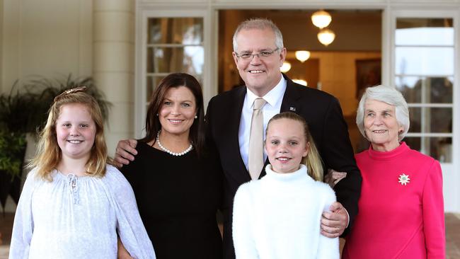 Scott Morrison with wife Jenny, daughters Lily and Abbey, and his mum Marion in Canberra. Picture: Kym Smith