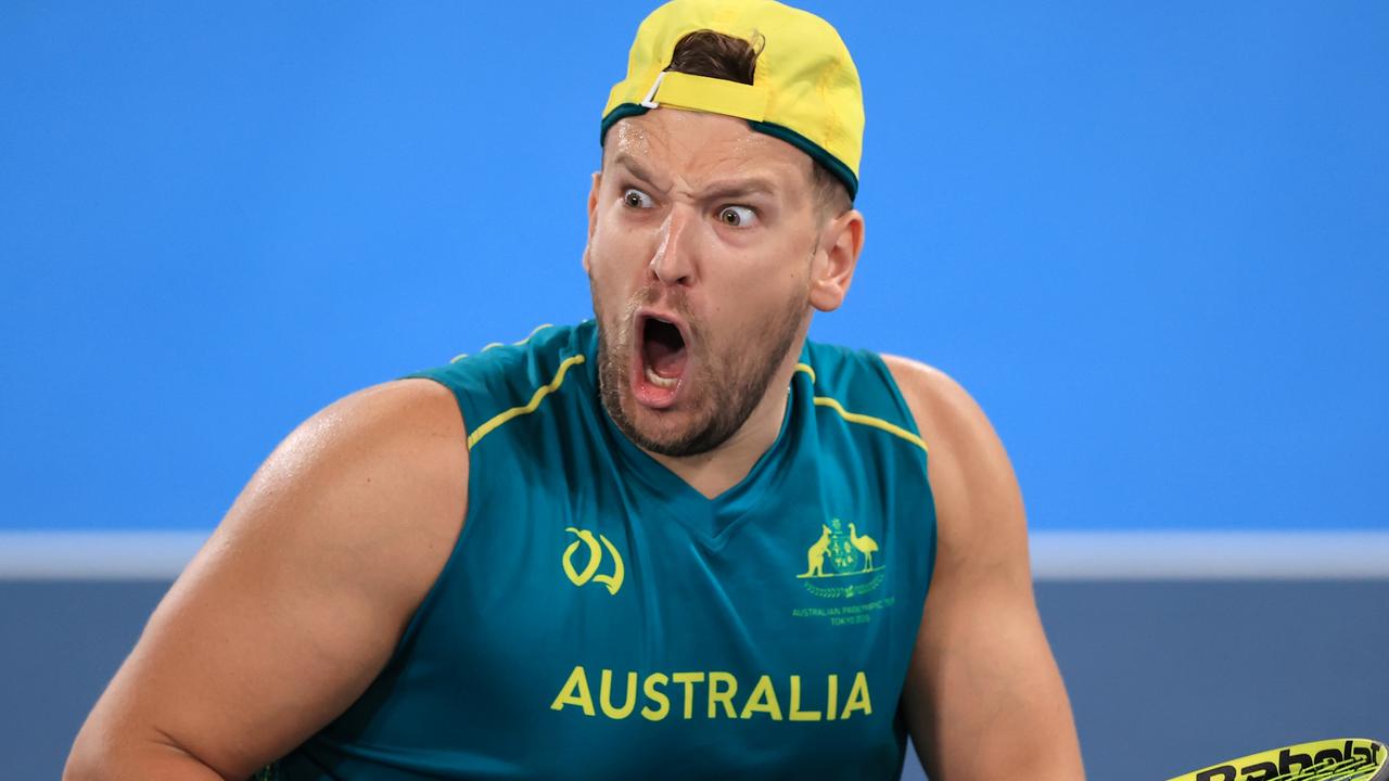 Dylan Alcott of Team Australia reacts during the Quad Singles Gold Medal Match at the Tokyo 2020 Paralympic Games. Photo by Carmen Mandato/Getty Images.