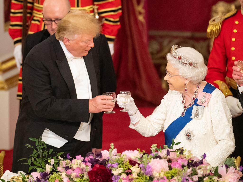 Then US President Donald Trump and Queen Elizabeth II make a toast during a State Banquet at Buckingham Palace on June 3, 2019. Picture: Dominic Lipinski/WPA Pool/Getty Images