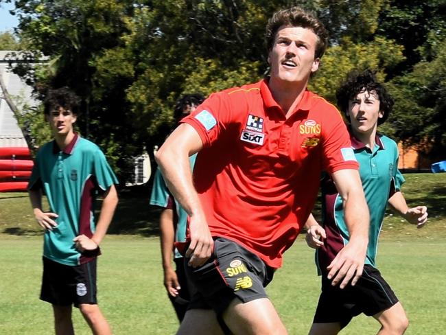 Gold Coast Suns AFL player Charlie Ballard at a training session held on O'Loughlin Catholic College grounds for middle school students. Picture: Sierra Haigh