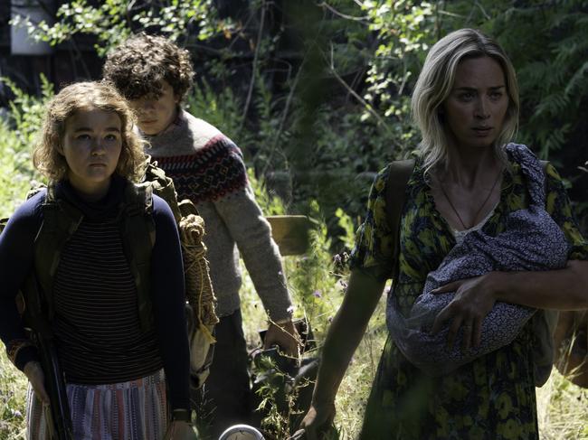 Millicent Simmonds, Noah Jupe and Emily Blunt in a scene from the movie A Quiet Place Part II. Picture: Paramount Pictures