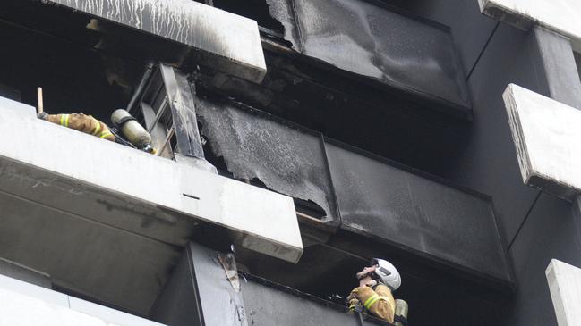 Fire crews an apartment tower on the corner of Spencer and Little Bourke Streets Melbourne after a fire broke. Picture: Andrew Henshaw