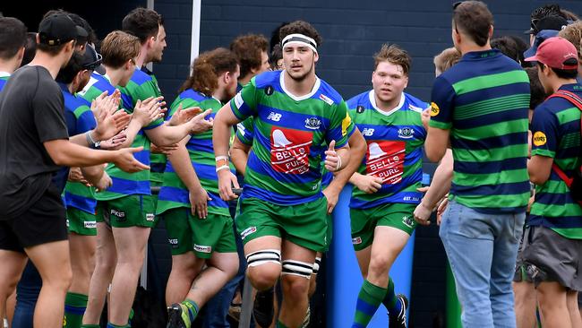 GPS players run onto the field Colts 1 between GPS v Brothers Saturday April 23, 2022. Picture, John Gass