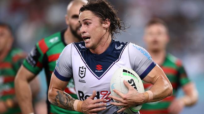 SYDNEY, AUSTRALIA - MAY 06:  Nicho Hynes of the Storm runs the ball during the round nine NRL match between the South Sydney Rabbitohs and the Melbourne Storm at Stadium Australia on May 06, 2021, in Sydney, Australia. (Photo by Cameron Spencer/Getty Images)