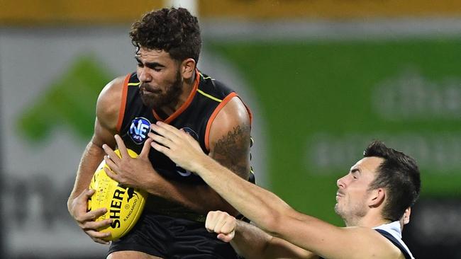 Nigel Lockyer Jr takes a big mark for Territory Thunder. Picture: AFLNT MEDIA