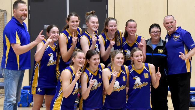 Forestville celebrates after winning the under-18 girls SA Junior Basketball Championships grand final at St Clair Recreation Centre on Sunday. Picture: Naomi Jellicoe