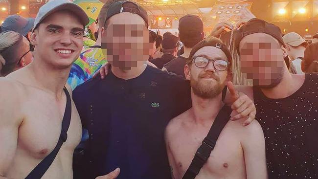 Matthew Flame (left) has pleaded not guilty to murdering his best friend Liam Anderson (second right, glasses) in 2018.