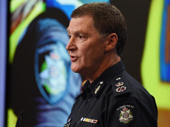 (L-R) Chief Commissioner Victoria Police Shane Patton doorstop at Media Conference Room, Victoria Police Centre regarding Bourke and Russell Street incident Friday night. Picture: Josie Hayden