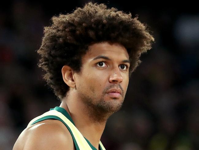 MELBOURNE, AUSTRALIA - AUGUST 17: Matisse Thybulle of Australia looks on during the match between the Australian Boomers and South Sudan at Rod Laver Arena on August 17, 2023 in Melbourne, Australia. (Photo by Kelly Defina/Getty Images)