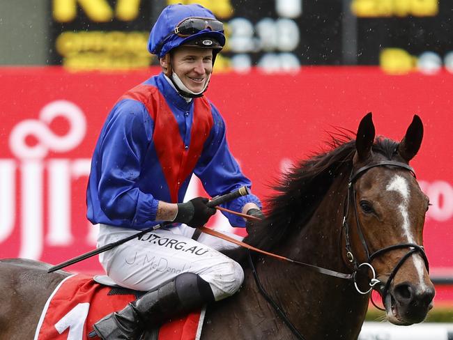 SYDNEY, AUSTRALIA - SEPTEMBER 04: James McDonald on Zaaki returns to scale after winning race 7 the Fujitsu General Tramway Stakes during Sydney Racing at Royal Randwick Racecourse on September 04, 2021 in Sydney, Australia. (Photo by Mark Evans/Getty Images)