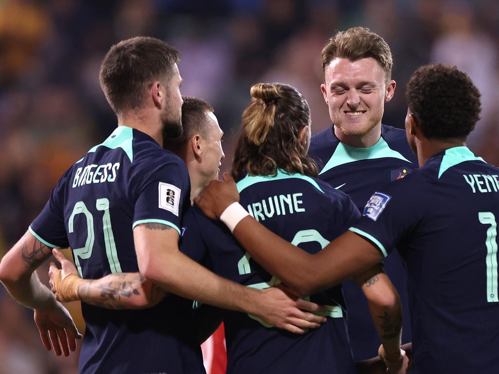 The Socceroos celebrate during their 5-0 win over Lebanon. Picture: Mark Kolbe/Getty Images